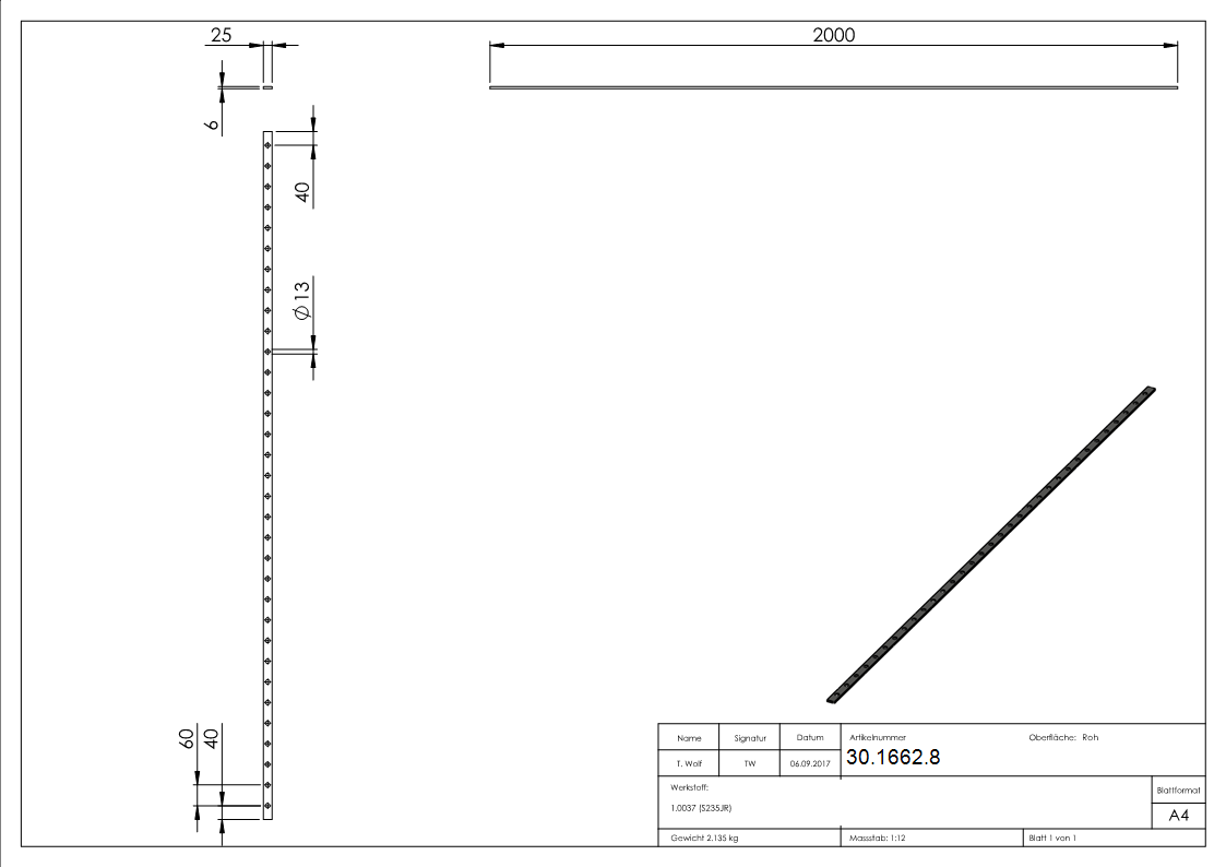 Flacheisen gelocht Laenge- 2000 mm 33 Lochungen Stahl -Roh- S235JR-30-1662.8