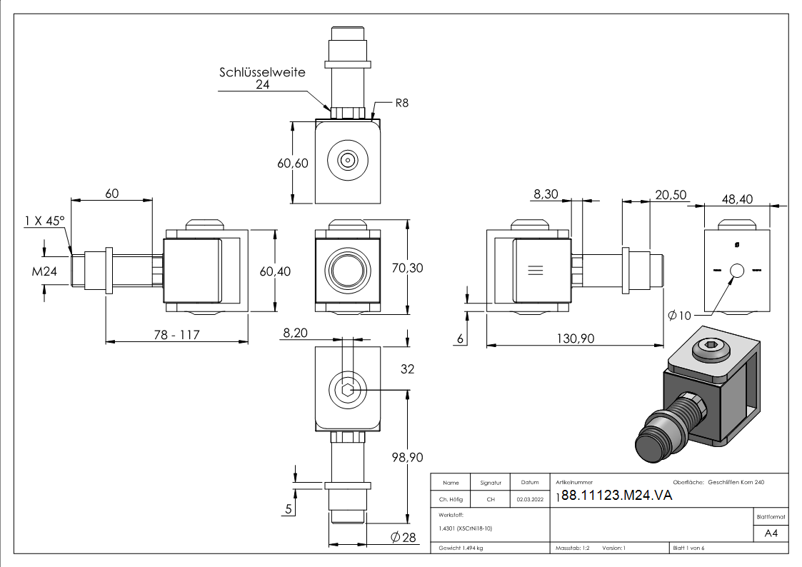 Verstellbares Torband mit Gewindehuelse M24- V2A-88-11123-M24.VA