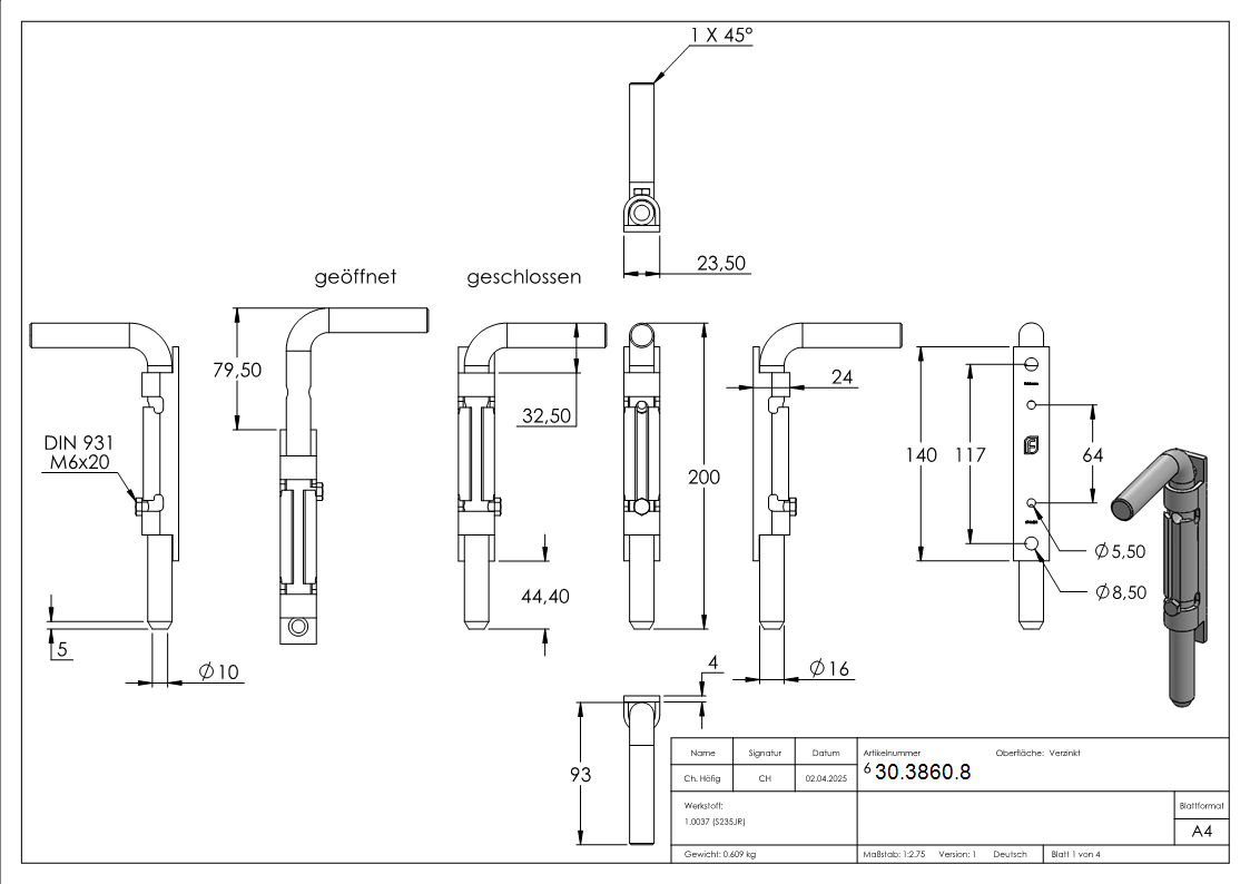 Torriegel Stahl verzinkt 200 mm zum Anschrauben-30-3860.8