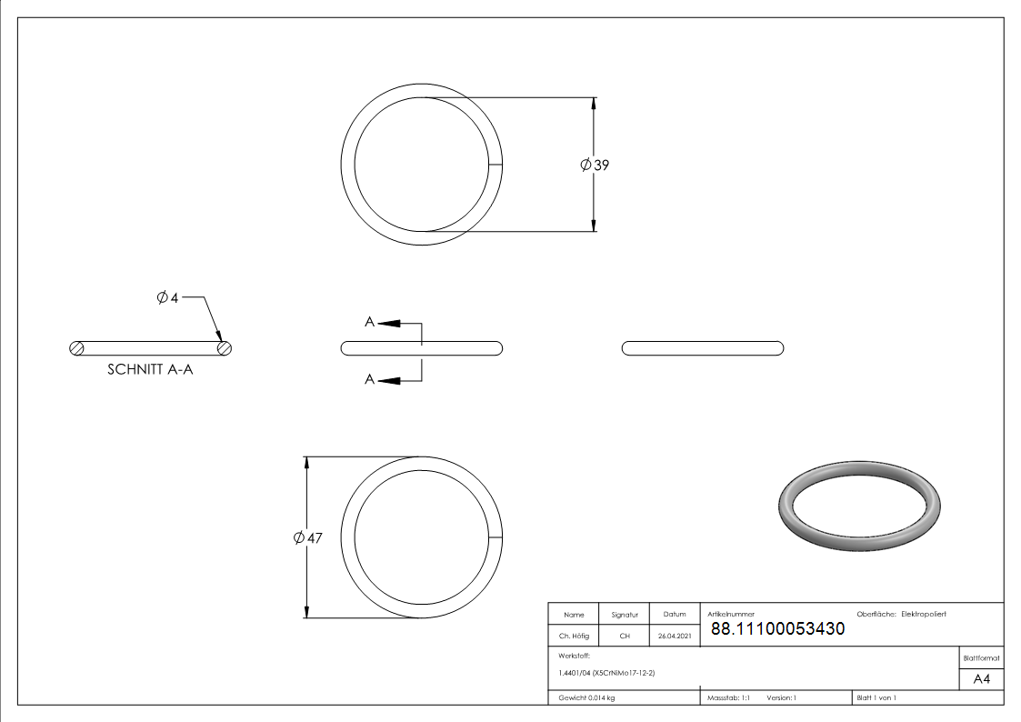 Ring Edelstahl V4A Ø 47 mm aus Rundmaterial 4 mm elektropoliert-88.11100053430