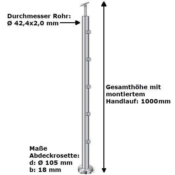 Gelaenderpfosten V2A 1000 mm- Ø 42-4 mm Topmontage- 5x Fuellstabhalter Ø 12 mm-14-0076RR-A.4